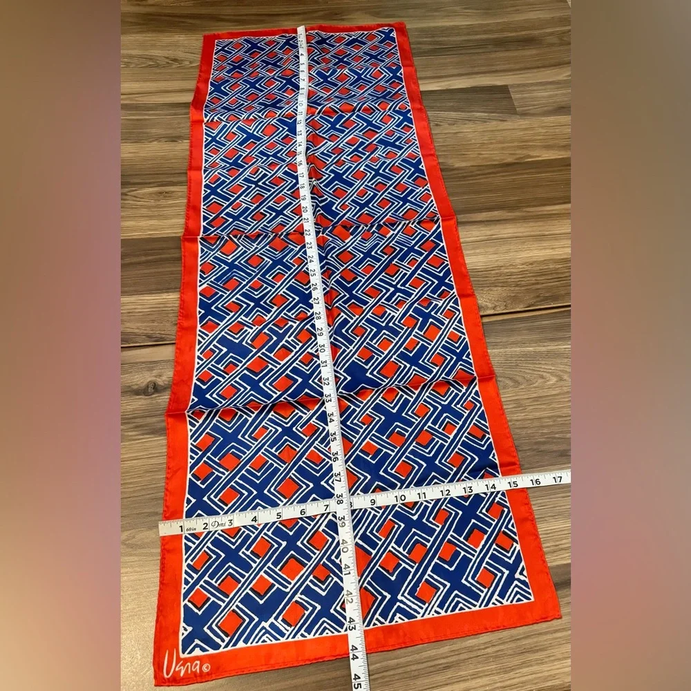 Vera Rectangular Geo Abstract Red White Blue Vintage Scarf Japan 44”x15 1/2”